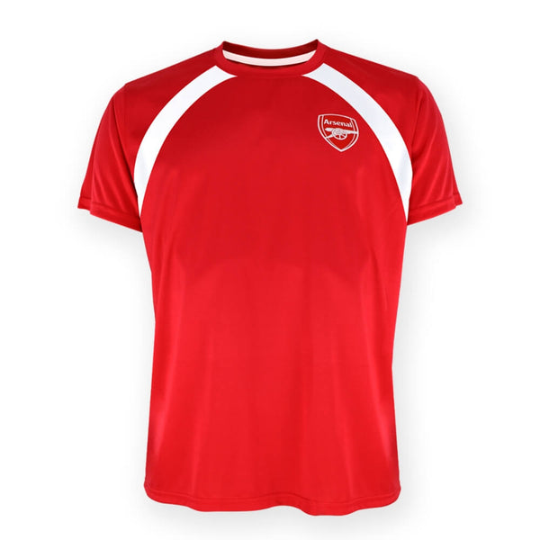 Rød Arsenal T-shirt til børn med hvide detaljer og logo på venstre bryst, kortærmet design.