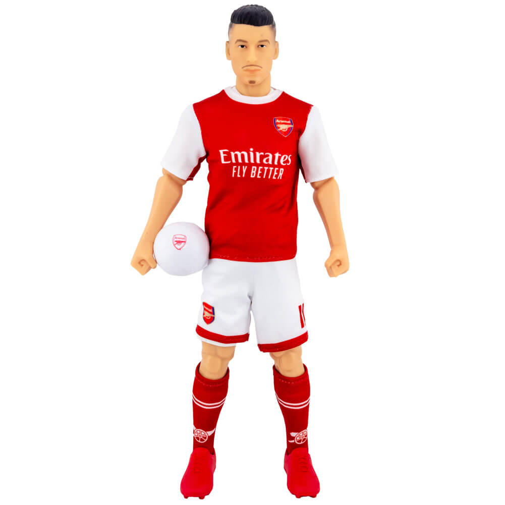 Arsenal FC actionfigur i rød/hvid dragt, holder bold, detaljeret trøje med logo.