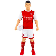 Arsenal FC actionfigur i rød/hvid dragt, holder bold, detaljeret trøje med logo.