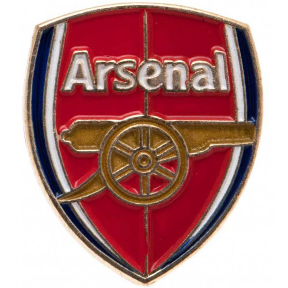 Arsenal FC-emblem med rød baggrund, guldkanon og hvid tekst. Skjoldformet med hvid kant.
