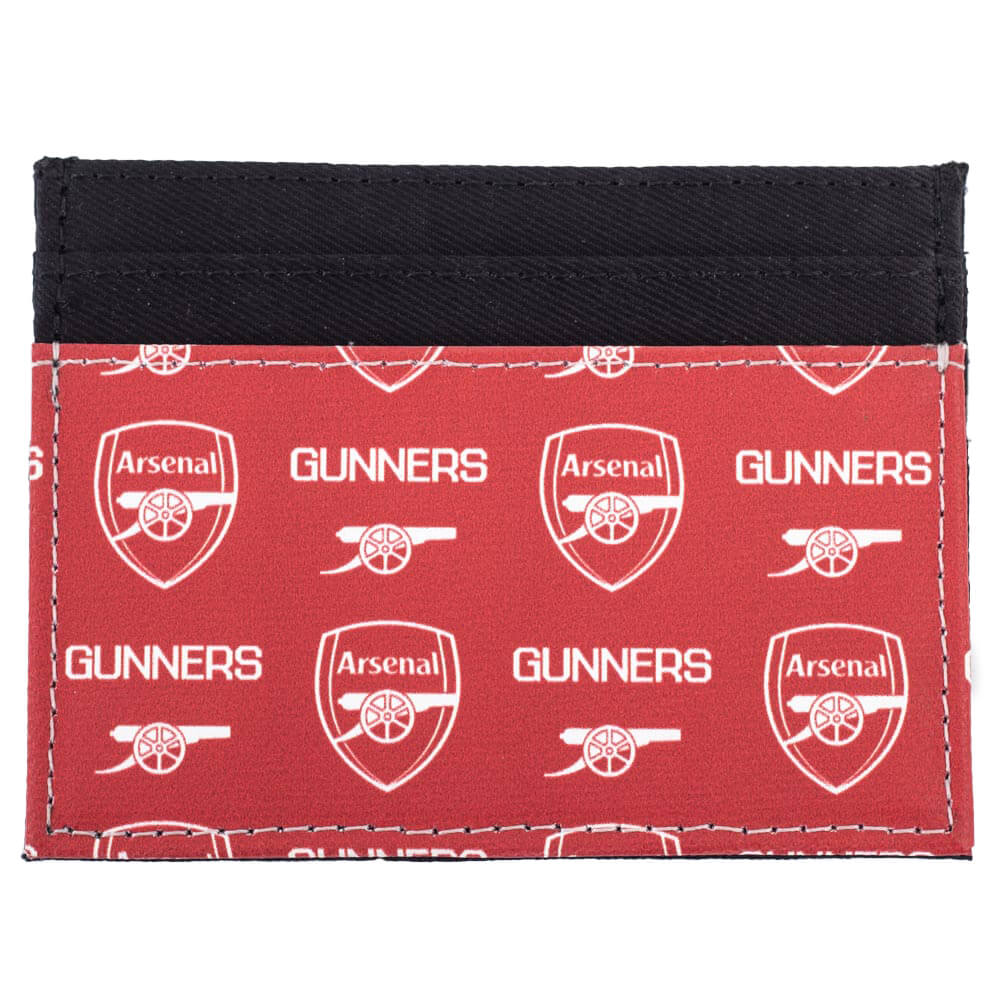 Rød og sort Arsenal FC kortholder med logoer, "GUNNERS" tekst og kanonmønster.