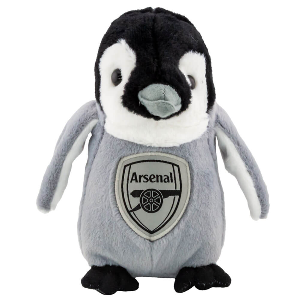 Grå og sort plys-pingvin med Arsenal FC-logo. Store øjne, lille næb, let hævede vinger.