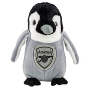 Grå og sort plys-pingvin med Arsenal FC-logo. Store øjne, lille næb, let hævede vinger.