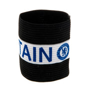 Sort Chelsea FC anførerbind med "CAPTAIN" og logo på hvid stribe.