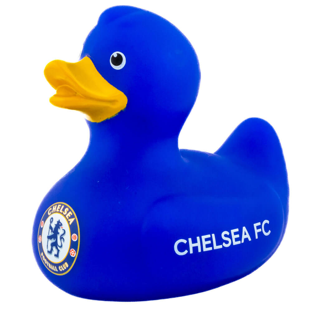 Blå Chelsea FC badeand med gult næb og klublogo på siden, præsenteret som en vinyland.
