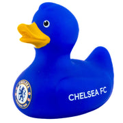 Blå Chelsea FC badeand med gult næb og klublogo på siden, præsenteret som en vinyland.