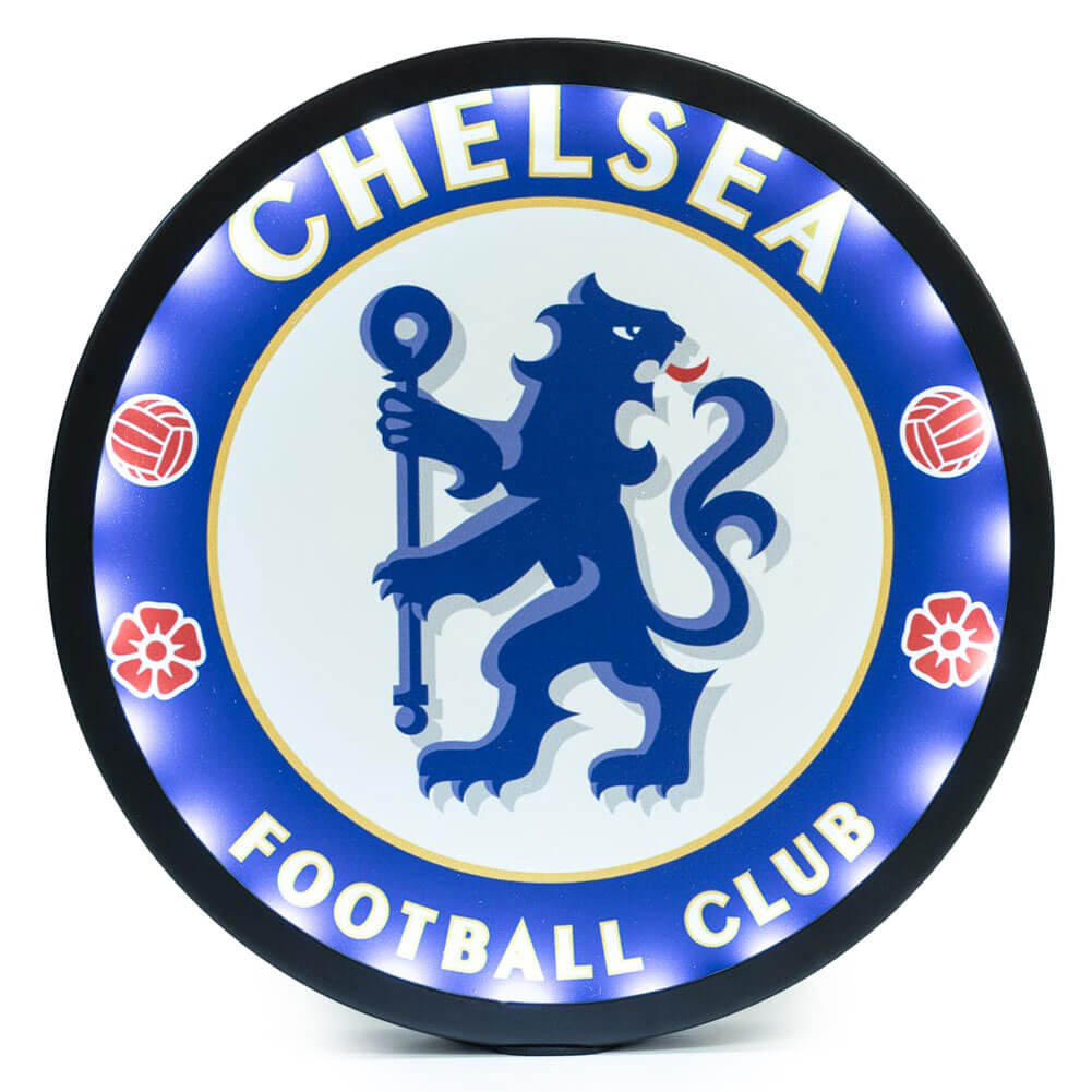 Chelsea FC LED-skilt med blåt løveemblem, fodboldikoner og blomster på en cirkulær baggrund.