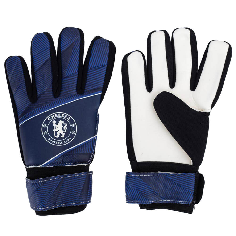 Chelsea FC målmandshandsker med hvide håndflader, mørkeblåt design og blå håndledsstropper.