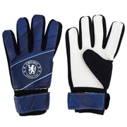 Chelsea FC målmandshandsker med hvide håndflader, mørkeblåt design og blå håndledsstropper.