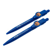 To blå kuglepenne med "FCBARCELONA" tekst og FC Barcelona-logo på hver pen.