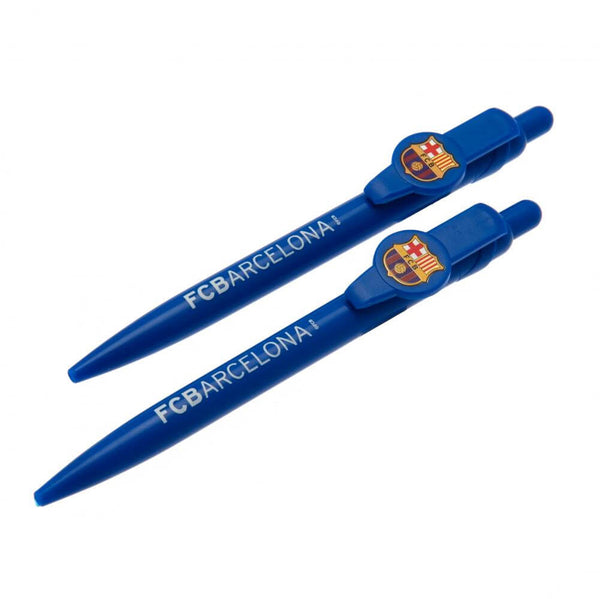 To blå kuglepenne med "FCBARCELONA" tekst og FC Barcelona-logo på hver pen.