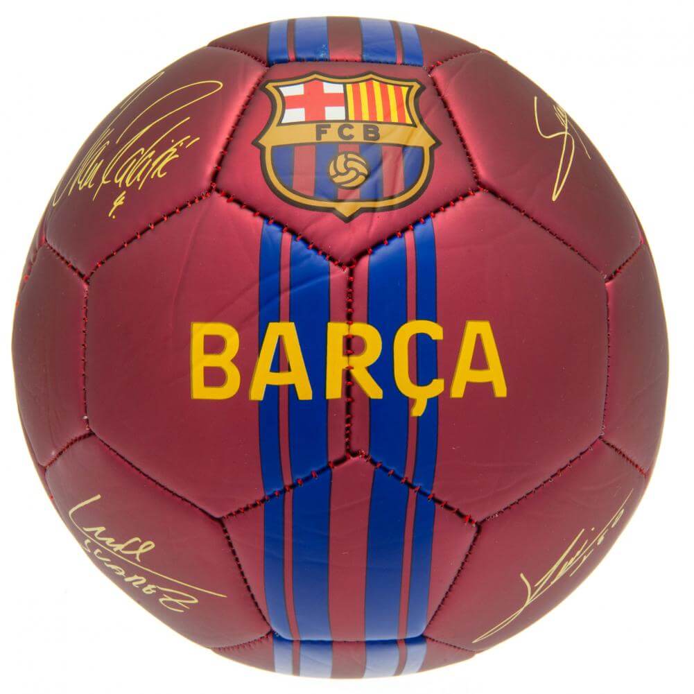 FC Barcelona bold i rød og blå med klublogo og autografer på overfladen.