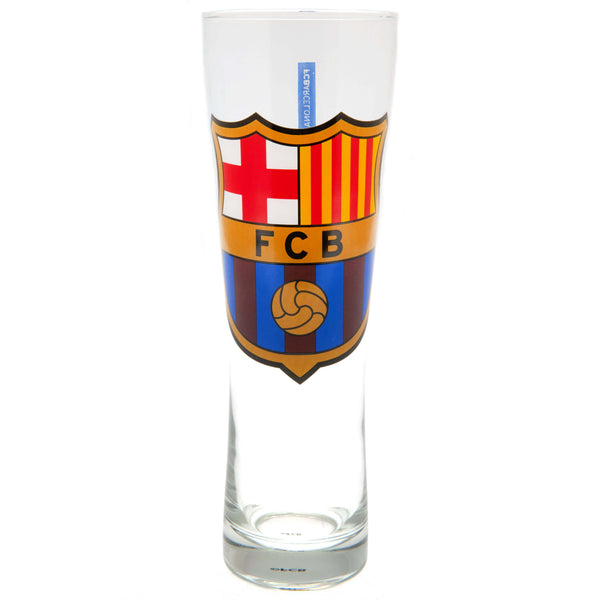 Pintglas med FC Barcelona-logo i holdets farver: rød, gul og blå.
