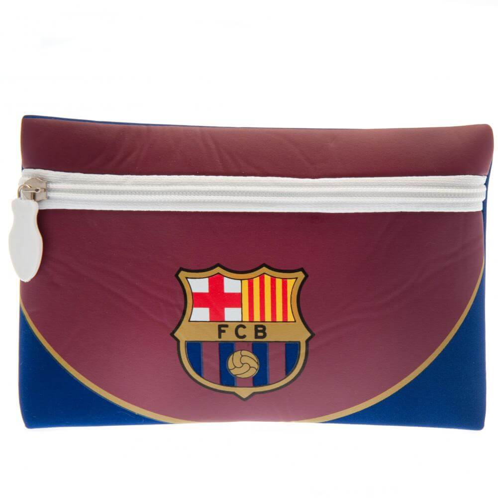 FC Barcelona penalhus i bordeaux og blå med logo og hvid lynlås øverst.