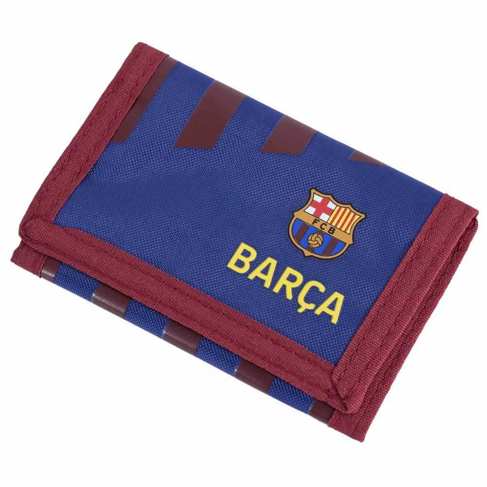 Blå pung med FC Barcelona-logo og "BARÇA" i gult, maroon kanter og detaljer.