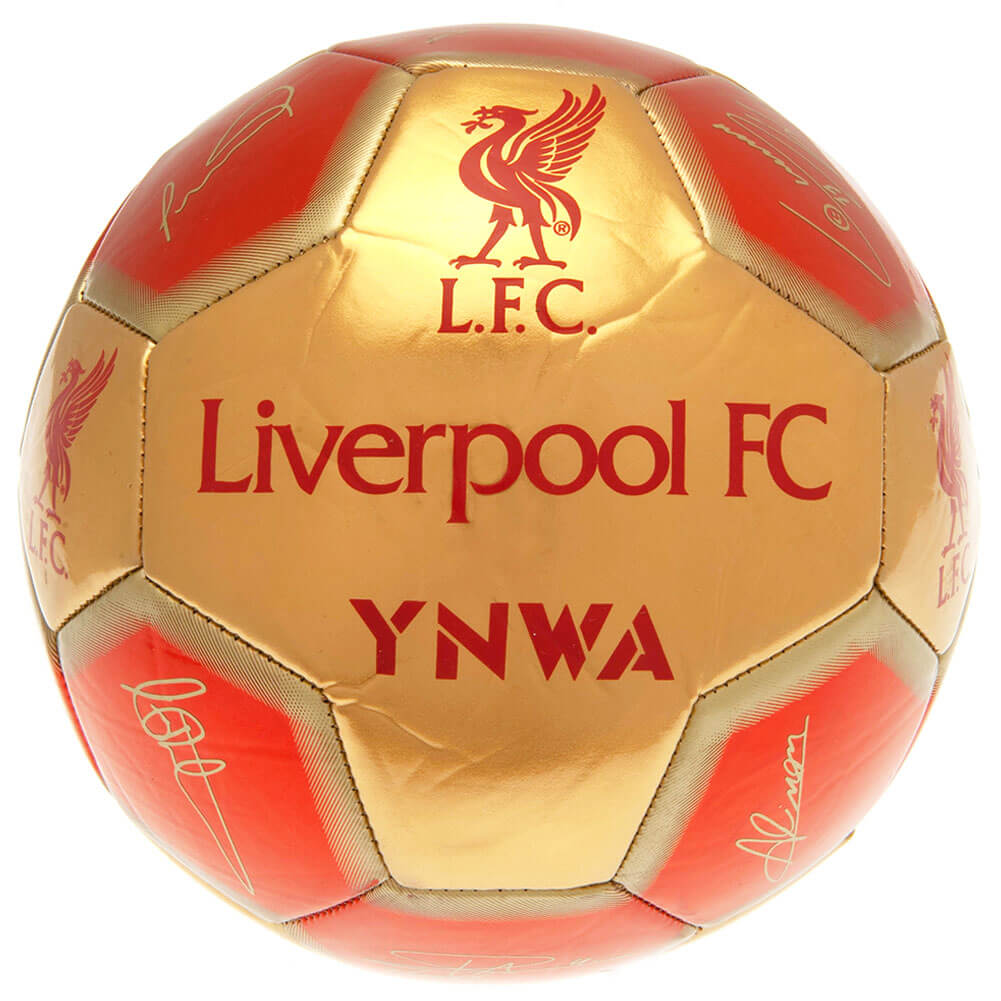 Guld og rød fodbold med Liverpool FC-logo og "YNWA" tekst, dekoreret med autografer.