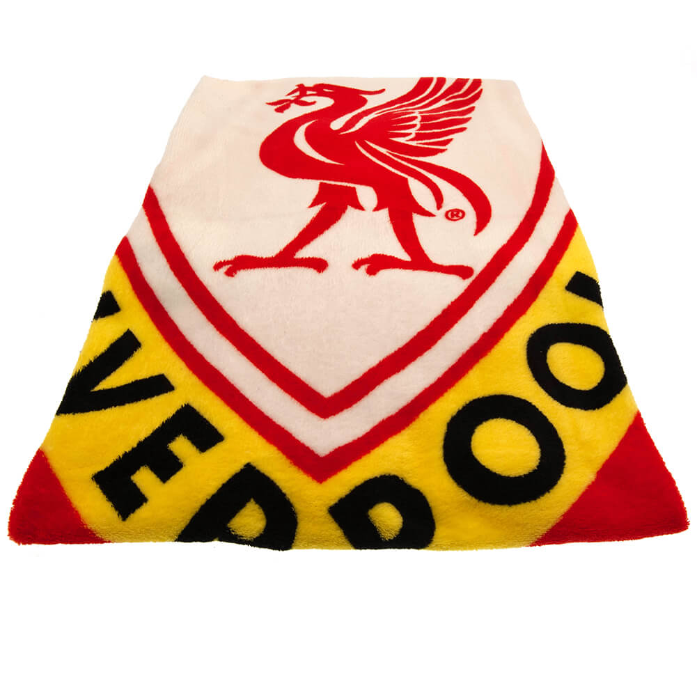 Blødt fleece tæppe med Liverpool FC's røde logo og farverne gul, rød og hvid.