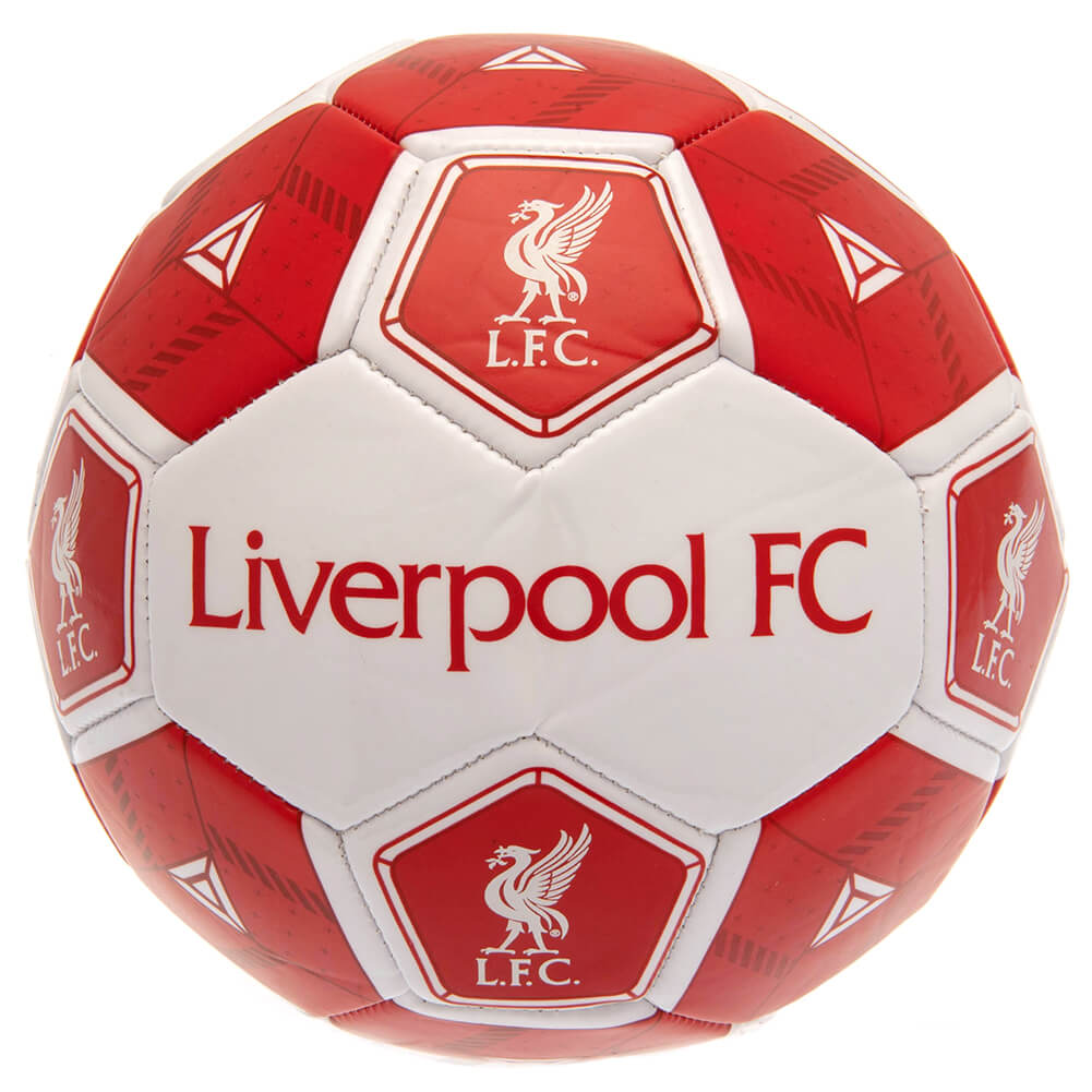 Rød og hvid fodbold med Liverpool FC-logo og tekst. Logoet viser en fugl og bogstaverne "L.F.C.".