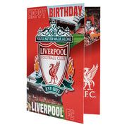 Liverpool FC fødselsdagskort med logo, "You'll Never Walk Alone" og stadionbillede.