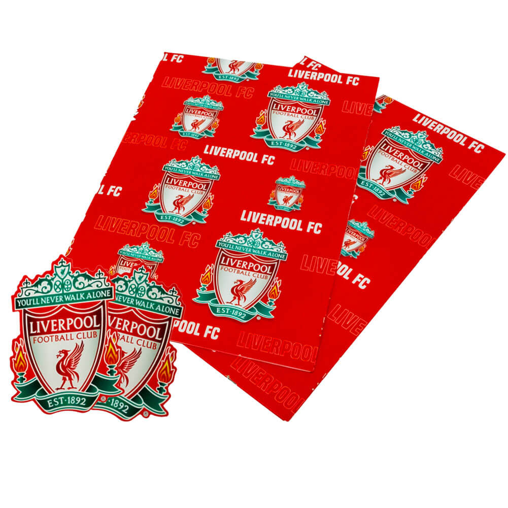 Rødt gavepapir med Liverpool FC logo og tekst.