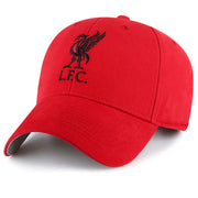 Rød kasket med sort Liverpool-logo og "L.F.C." broderet foran, designet til børn.