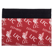 Rød Liverpool FC kortholder med hvide L.F.C. logoer og leverfugl, flere kortlommer synlige.