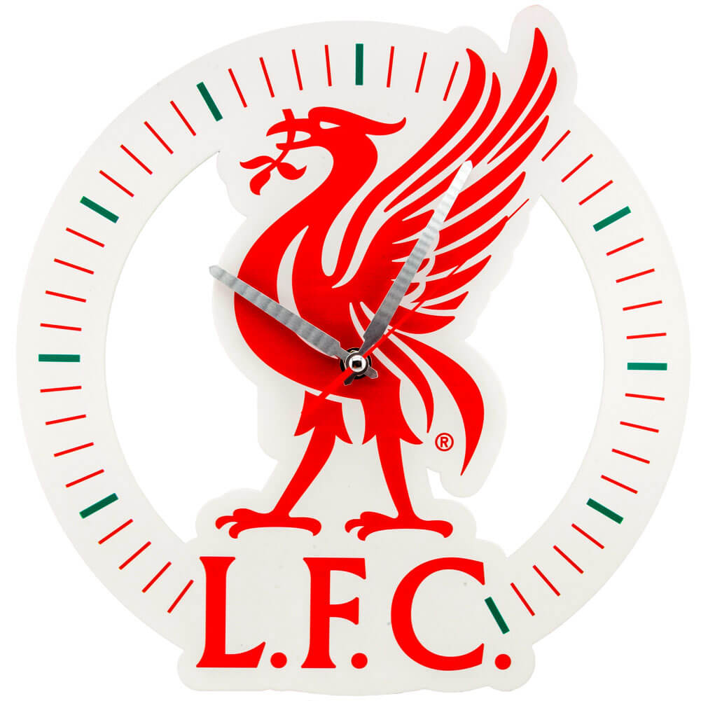 Liverpool FC vægur med Liverbird logo, sølvfarvede visere og timeindikatorer i cirkulært design.