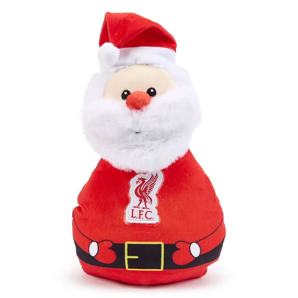 Blød julemand i rødt med hvidt skæg, rød næse og Liverpool FC logo på maven.
