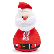 Blød julemand i rødt med hvidt skæg, rød næse og Liverpool FC logo på maven.