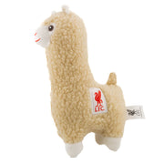 Beige plys lama med Liverpool FC-logo på siden, søde øjne og hvide ben.
