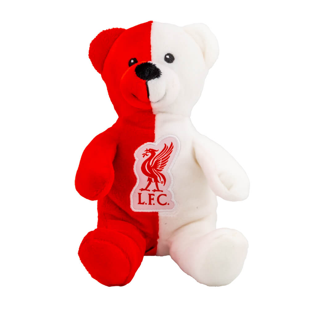 Plysbjørn i rød/hvid med Liverpool FC-logo på brystet, delt ned langs midten.