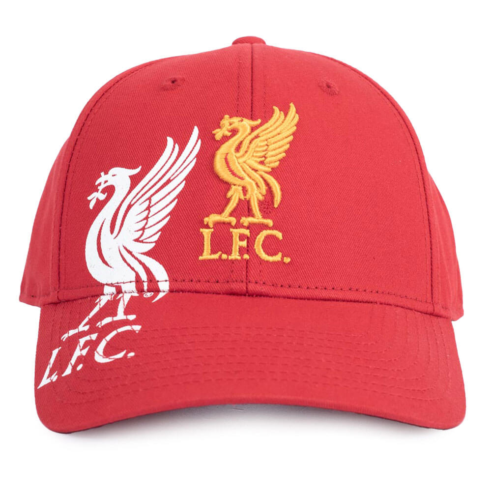 Rød kasket med to Liverpool FC-logoer, et i hvidt og et i gult.