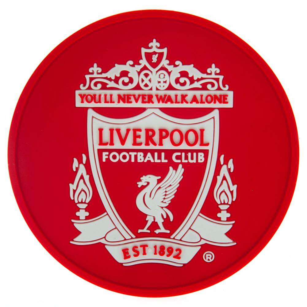 Rund rød ølbrik med Liverpool FC-logo, hvidt tryk, "You'll Never Walk Alone," "EST 1892."