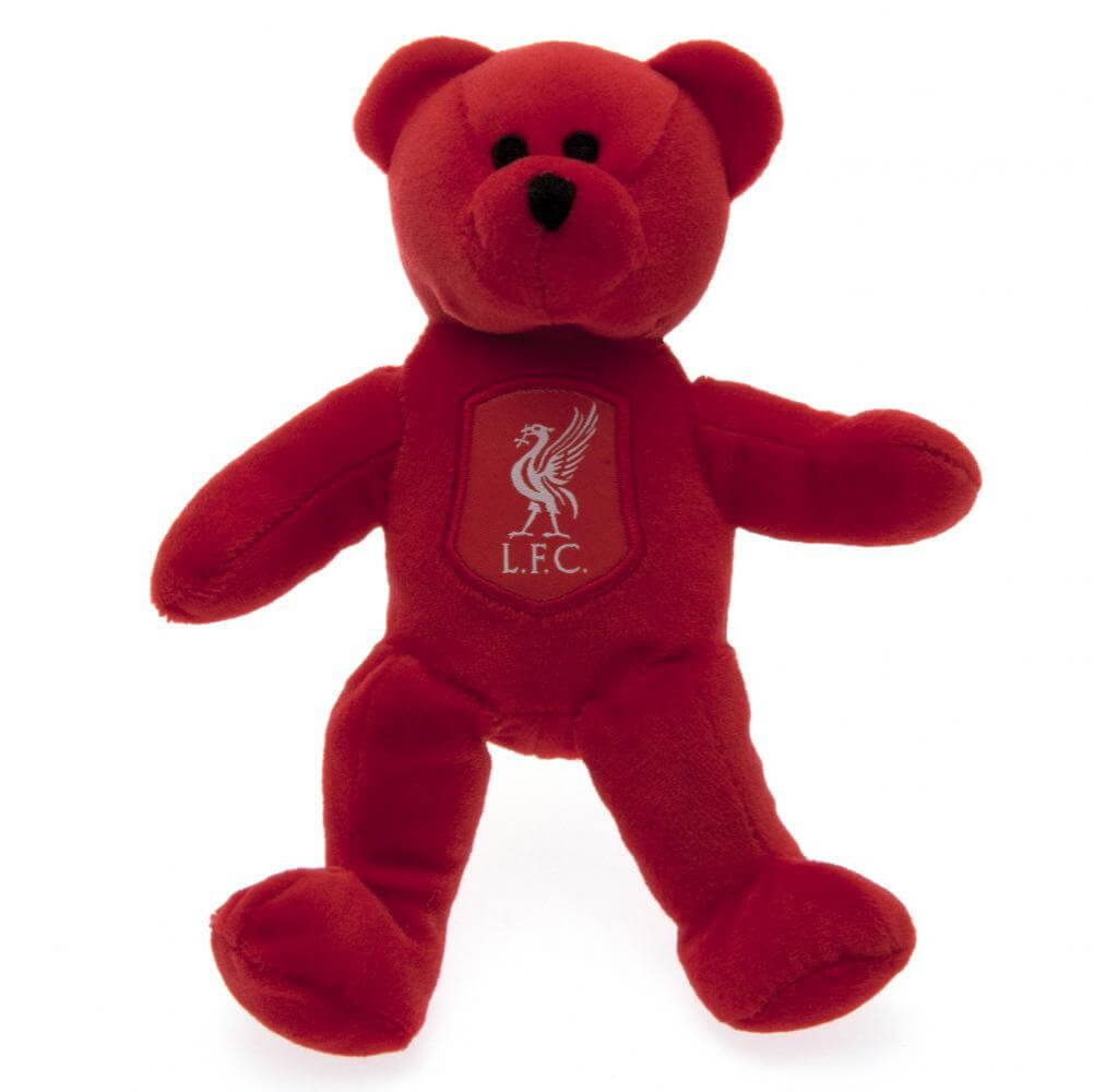 Rød bamse med Liverpool FC logo på brystet. Blød og enkel i design.