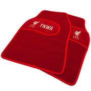 To røde bilmåtter med Liverbird-logo og "YNWA" tekst. Røde kanter, Liverpool FC design.