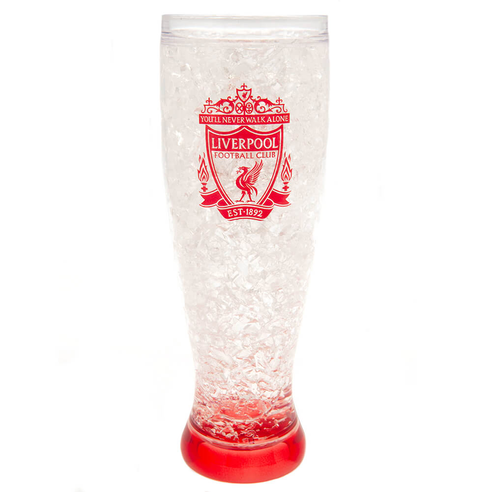 Gennemsigtig, frostet krus med Liverpool FC logo og dobbeltvæg design for frosteffekt.