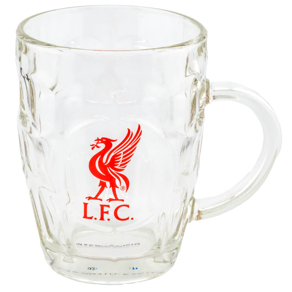 Klart glas med Liverpool FC-logo og håndtag, pakket i rød emballage med "Established 1892".