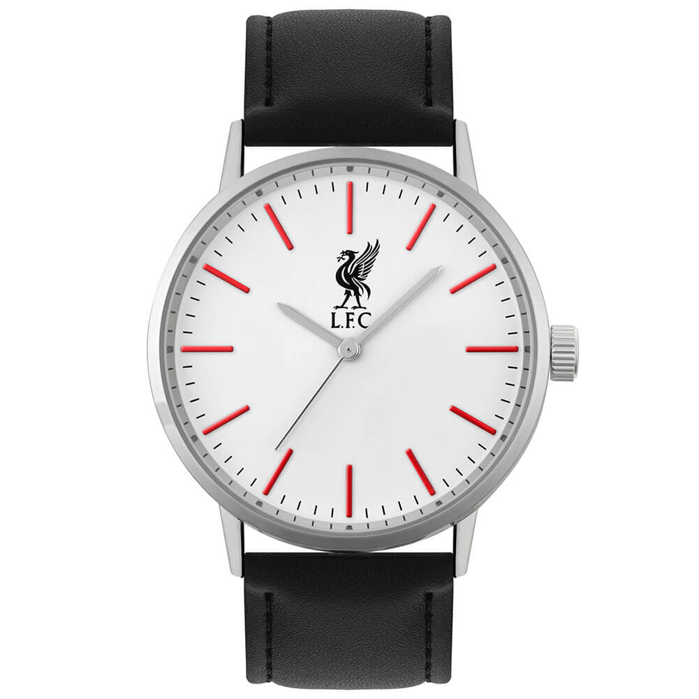 Ur med hvid skive, røde markeringer, Liverbird logo, "L.F.C.", sølv urkasse og sort rem.
