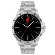 Sølv armbåndsur med sort urskive, rød LFC-logo, sølv timeindikatorer og rød sekundviser.