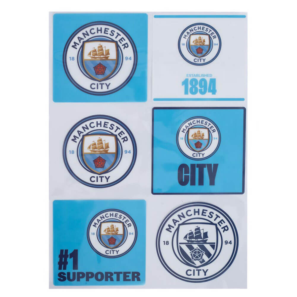 Manchester City klistermærker med logoer, teksten "1894" og "#1 Supporter" i blå og hvid.