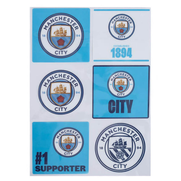 Manchester City klistermærker med logoer, teksten "1894" og "#1 Supporter" i blå og hvid.