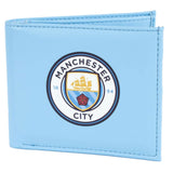 Blå pung med Manchester City logo, flere kortlommer og en ID-lomme med plastvindue.