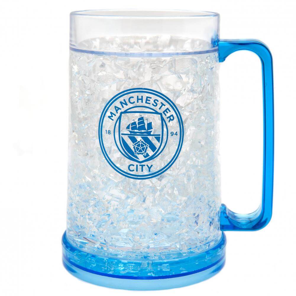 Klar krus med isstruktur, blåt håndtag, Manchester City FC-logo på forsiden.