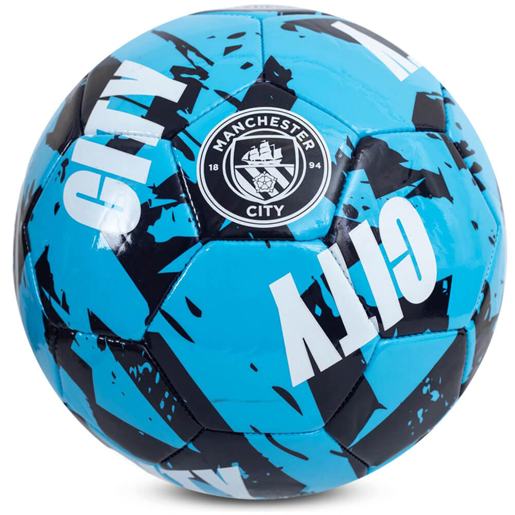 Fodbold i blå og sort med Manchester City-logo og "CITY" i hvid tekst, str. 5.