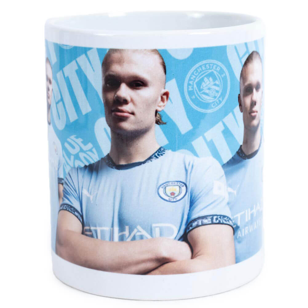Manchester City krus med spillerbillede og logo, hvid indvendig.