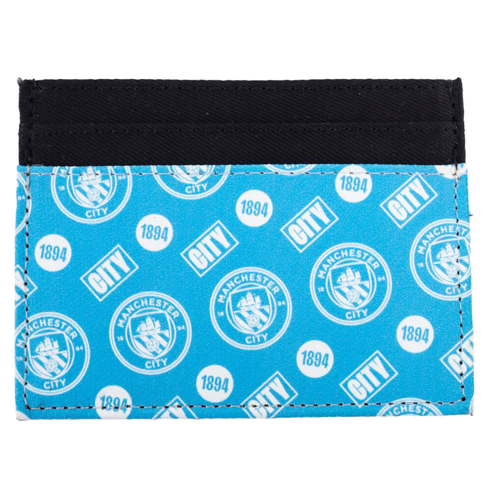 Manchester City kortholder med blåt design, gentagne logoer og "CITY" tekst, sort topsektion.