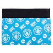 Manchester City kortholder med blåt design, gentagne logoer og "CITY" tekst, sort topsektion.