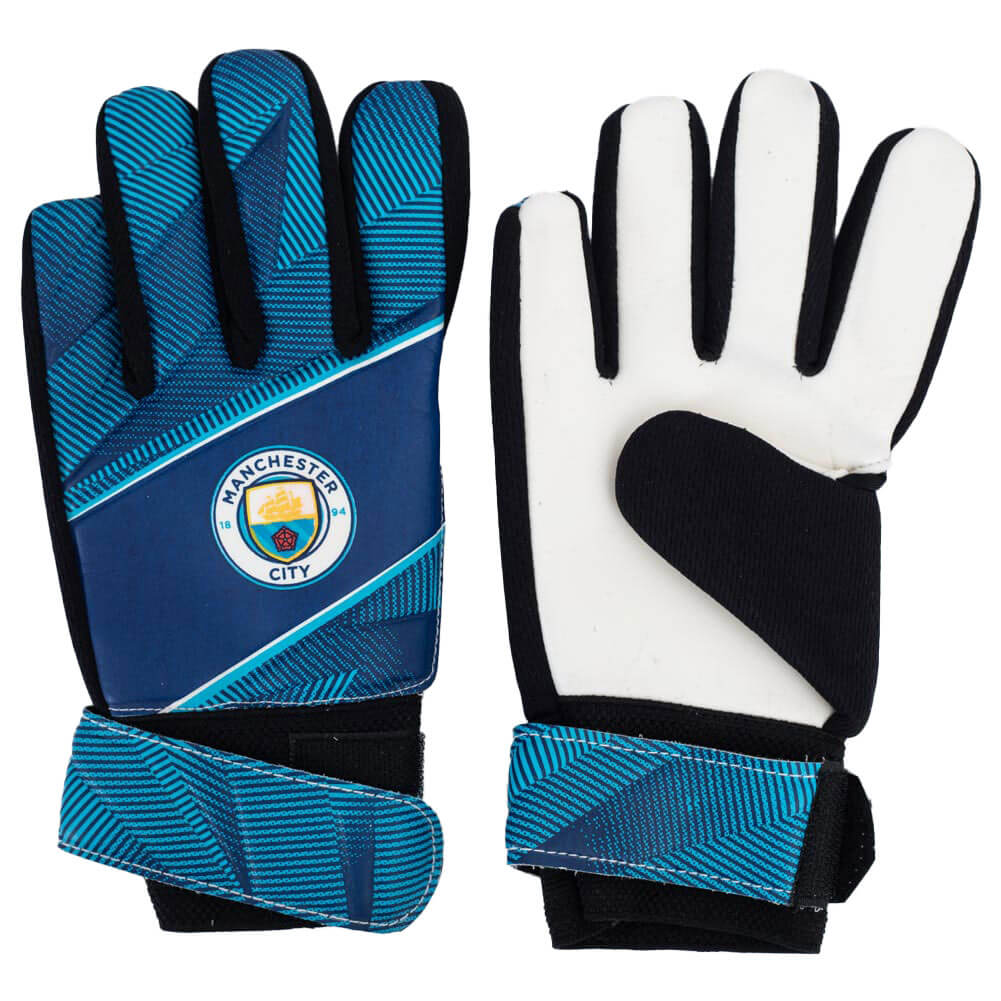 Manchester City målmandshandsker med logo, blå mønster og justerbare stropper for sikker pasform.