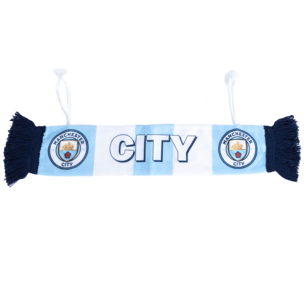 Lyseblåt og hvidt Manchester City mini tørklæde med mørkeblå frynser og logoer på begge ender.
