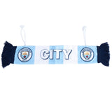 Lyseblåt og hvidt Manchester City mini tørklæde med mørkeblå frynser og logoer på begge ender.